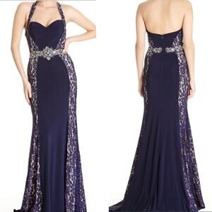 ASPEED SZ m navy lace beaded halter sweetheart neck maxi gown dress NWT B163